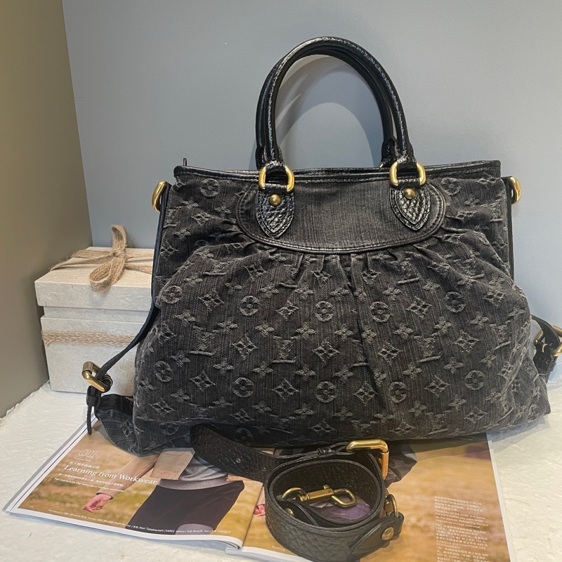 Lv 路易威登 中古黑丹寧手提斜挎包 底長約底長40*高28-1