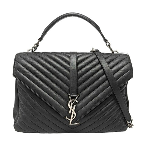 YSL college 郵差包 黑銀羊皮 大號