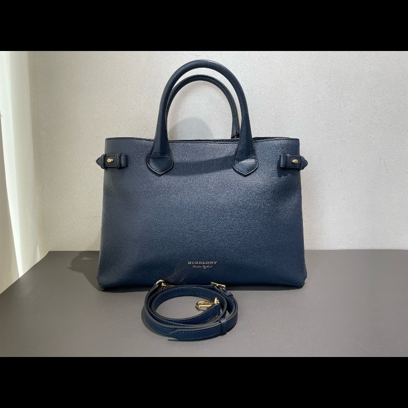 Burberry Banner經典班納包 深海藍色顆粒牛皮拼格紋 中號-4