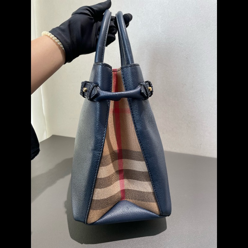 Burberry Banner經典班納包 深海藍色顆粒牛皮拼格紋 中號-7