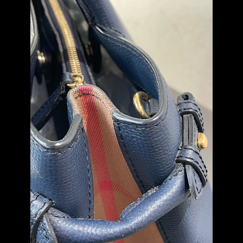 Burberry Banner經典班納包 深海藍色顆粒牛皮拼格紋 中號-20