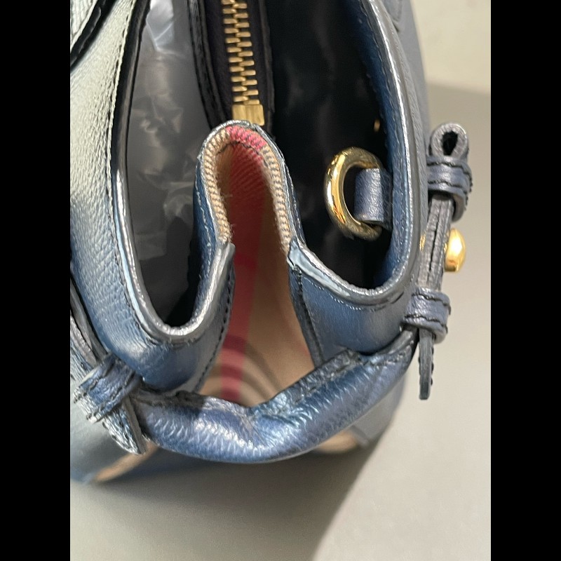 Burberry Banner經典班納包 深海藍色顆粒牛皮拼格紋 中號-23