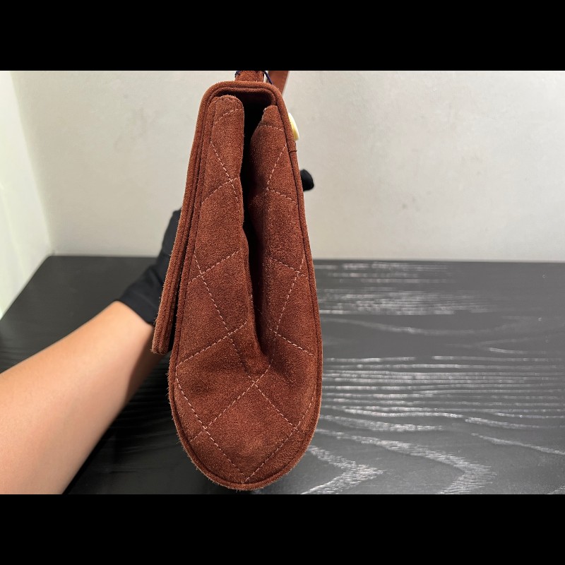 Chanel 中古 Kelly 手提腋下 柔美焦糖巧克力色 絲絨材質-14