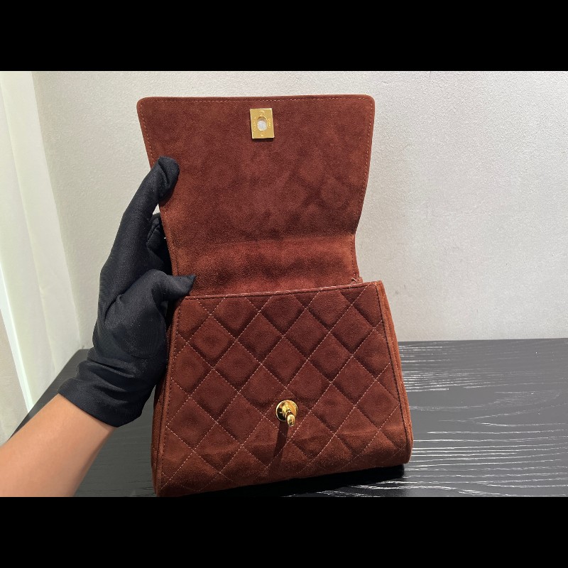 Chanel 中古 Kelly 手提腋下 柔美焦糖巧克力色 絲絨材質-18