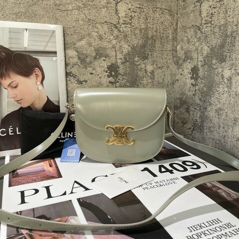 CELINE Besace CLEA 凱旋門金色鎖扣可調節肩帶 灰綠色馬鞍包