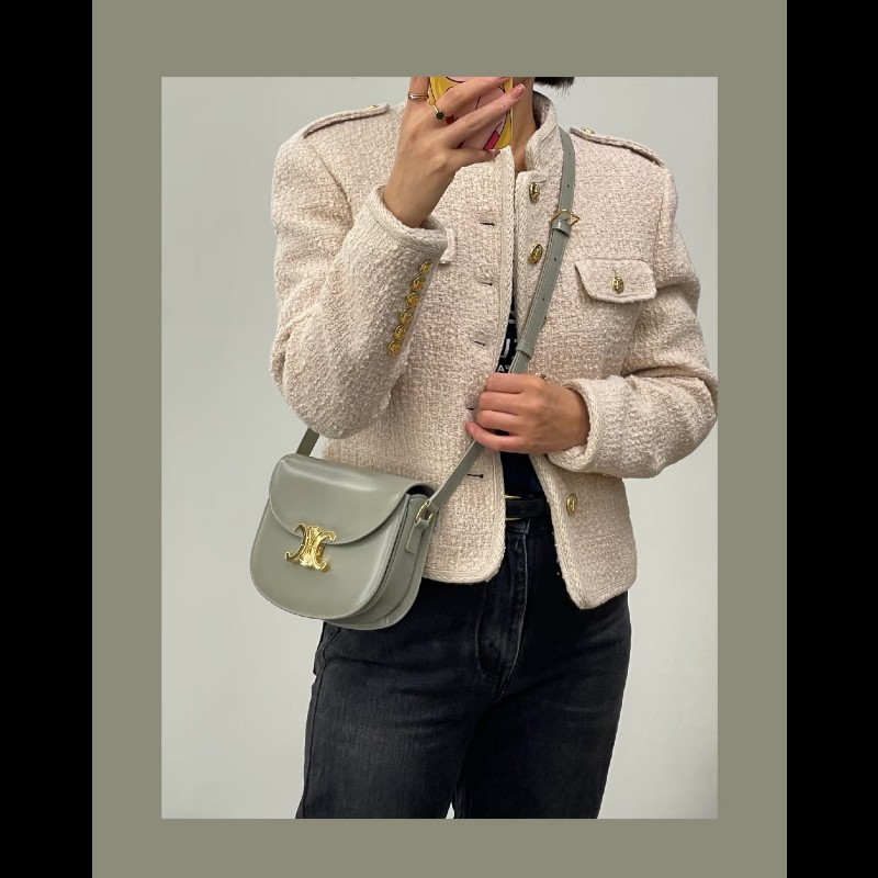 CELINE Besace CLEA 凱旋門金色鎖扣可調節肩帶 灰綠色馬鞍包-4