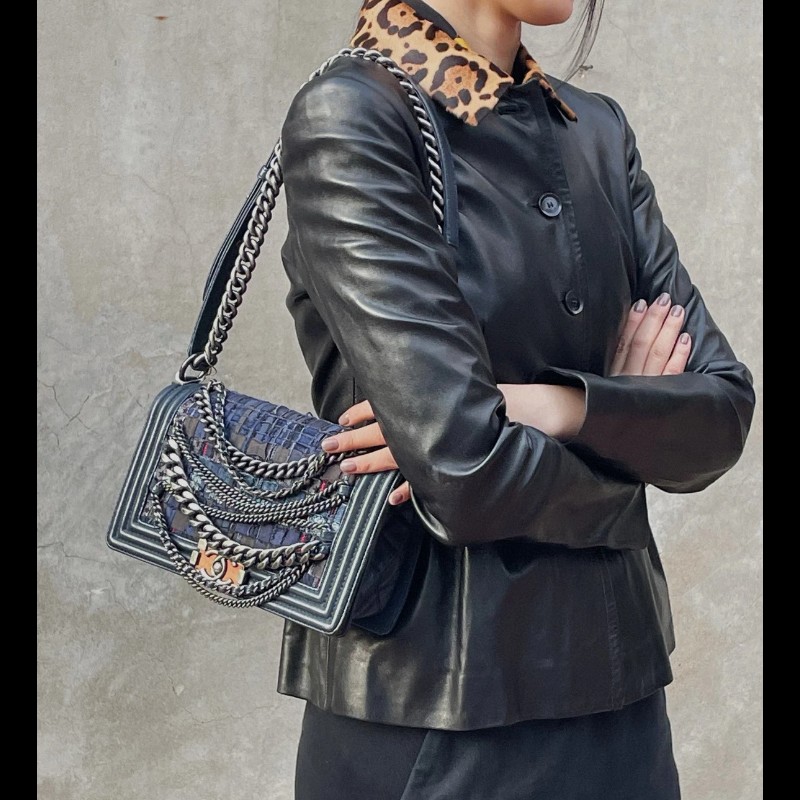 CHANL 25cm 藏藍色粗花呢多層鏈條leboy-1