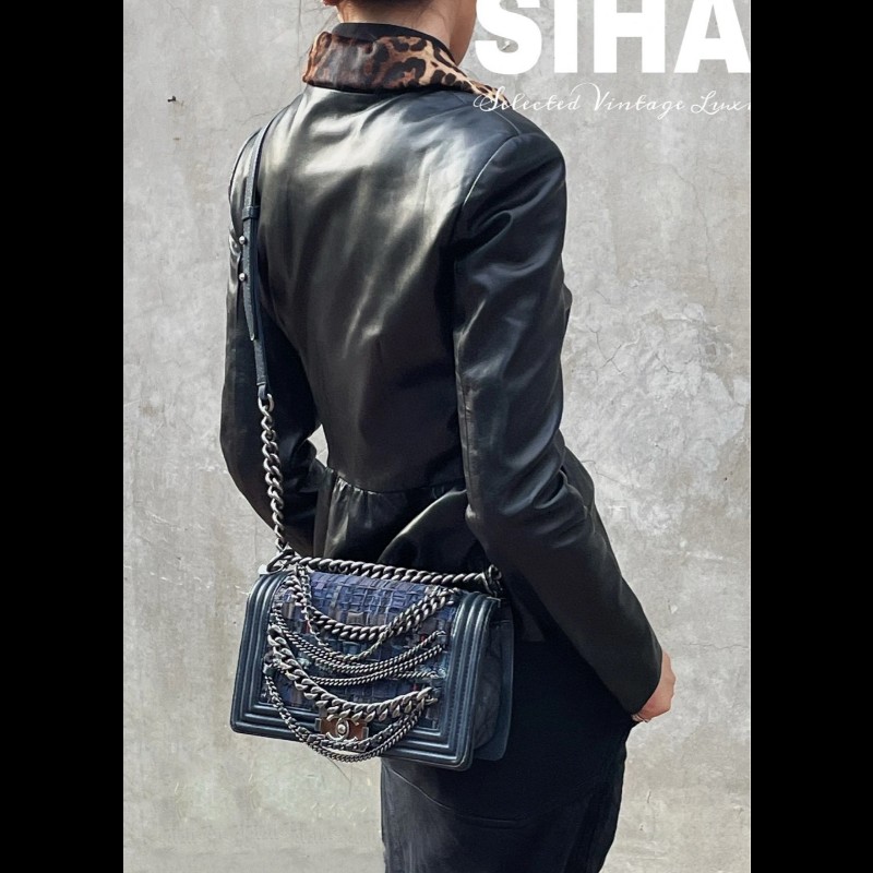 CHANL 25cm 藏藍色粗花呢多層鏈條leboy-2