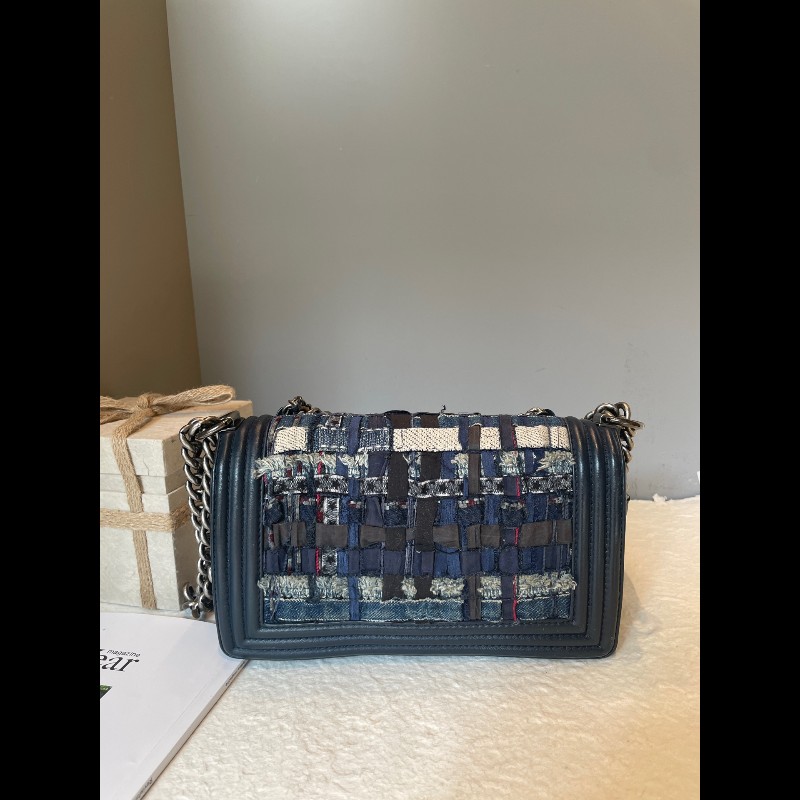 CHANL 25cm 藏藍色粗花呢多層鏈條leboy-3