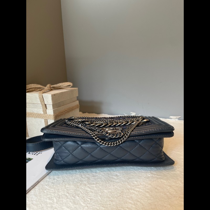 CHANL 25cm 藏藍色粗花呢多層鏈條leboy-5