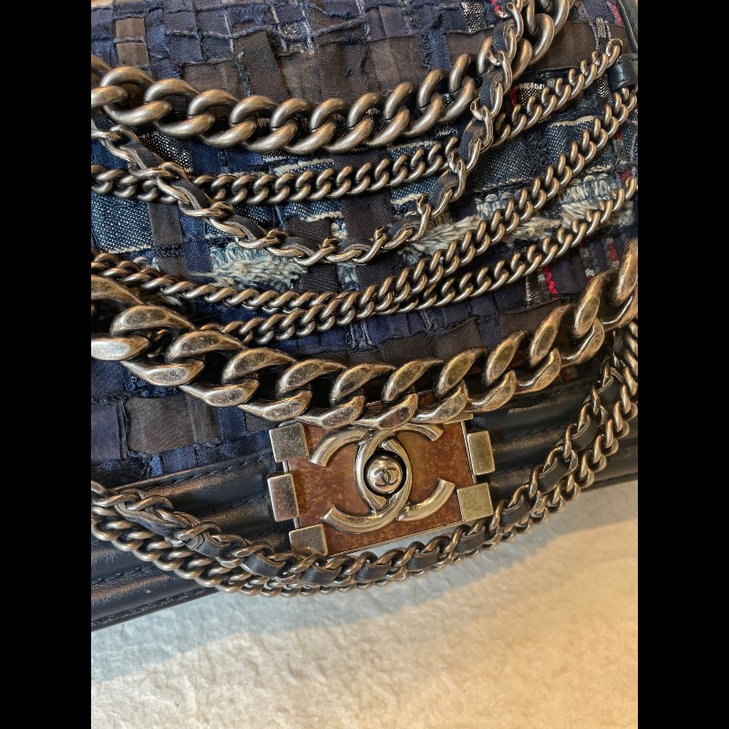 CHANL 25cm 藏藍色粗花呢多層鏈條leboy-6