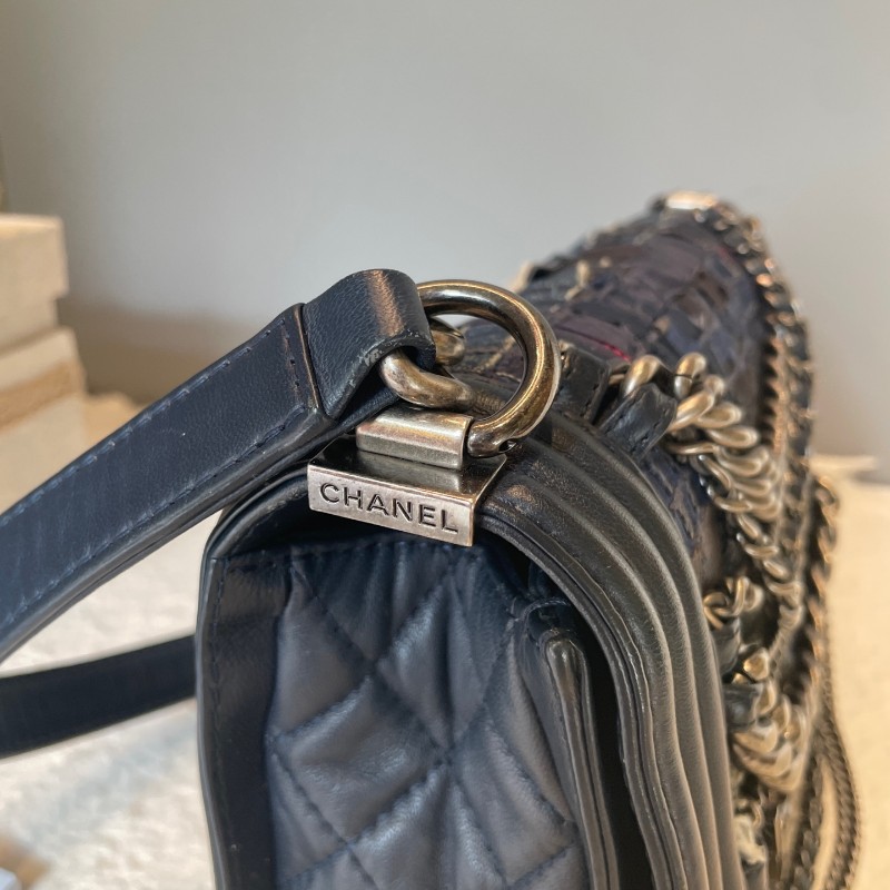 CHANL 25cm 藏藍色粗花呢多層鏈條leboy-8