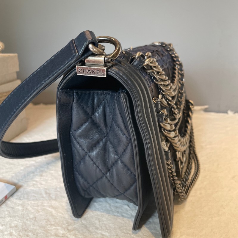 CHANL 25cm 藏藍色粗花呢多層鏈條leboy-9