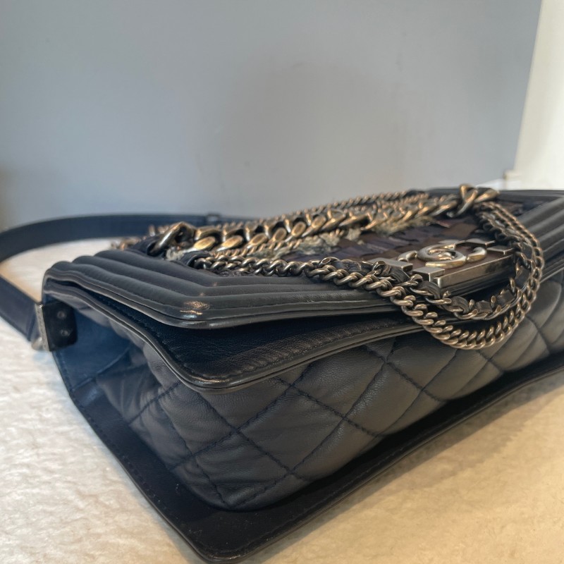 CHANL 25cm 藏藍色粗花呢多層鏈條leboy-11