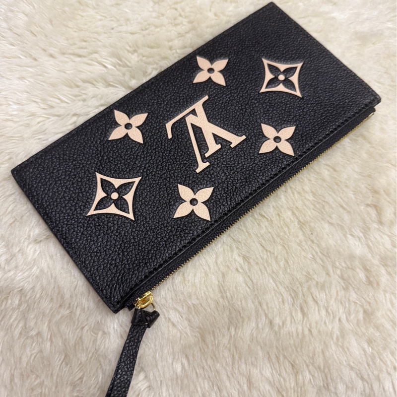 LV 全牛皮 黑色錢包 零錢包 拼色壓紋老花 拉鍊長夾-6