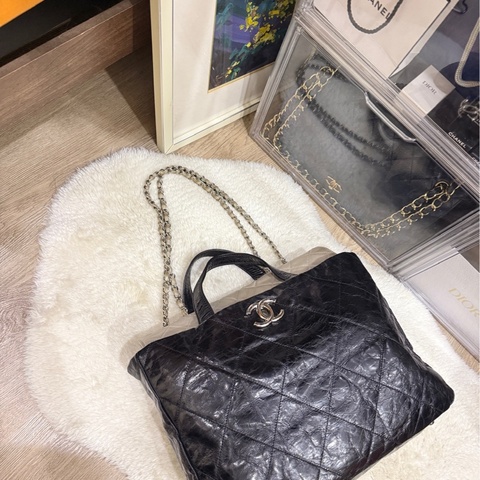 實用款CHANEL 香奈兒 蠟光牛皮 黑色 肩背 手提 托特包
