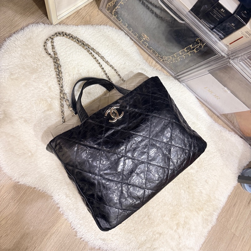 實用款CHANEL 香奈兒 蠟光牛皮 黑色 肩背 手提 托特包-10