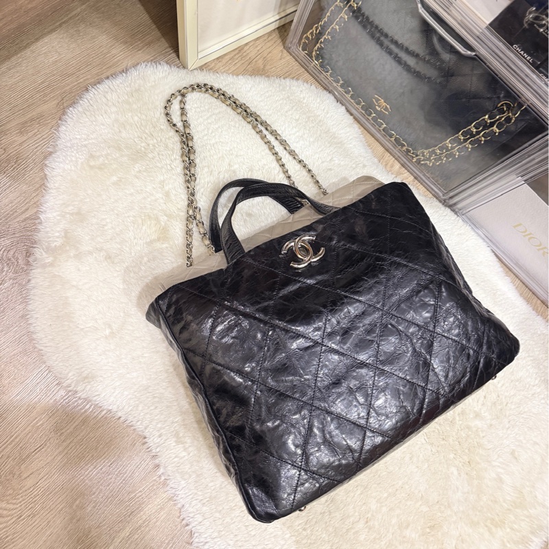 實用款CHANEL 香奈兒 蠟光牛皮 黑色 肩背 手提 托特包-12