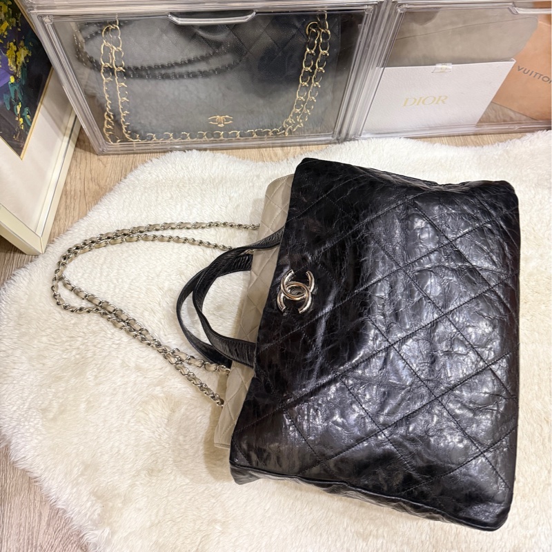 實用款CHANEL 香奈兒 蠟光牛皮 黑色 肩背 手提 托特包-13