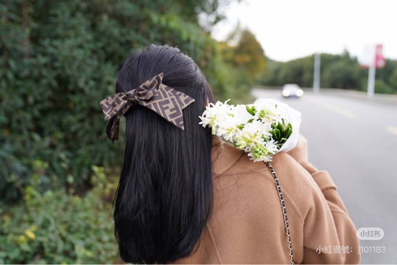 FENDI 棕色 菸草色調 FF LOGO 老花 蝴蝶結 髮圈 髮夾 髮飾-7