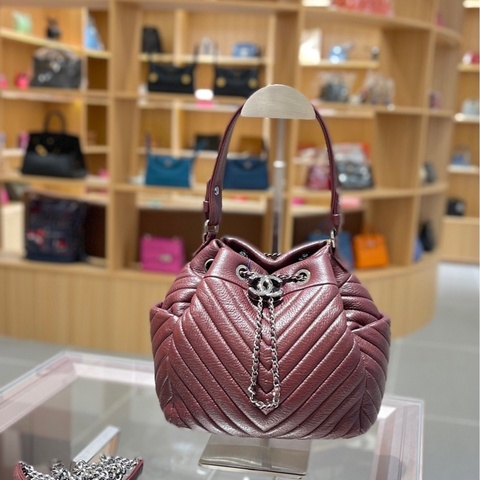 香奈兒 CC 水桶包 兩用單肩包 小牛皮 深紅色