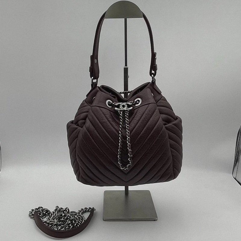 香奈兒 CC 水桶包 兩用單肩包 小牛皮 深紅色-9