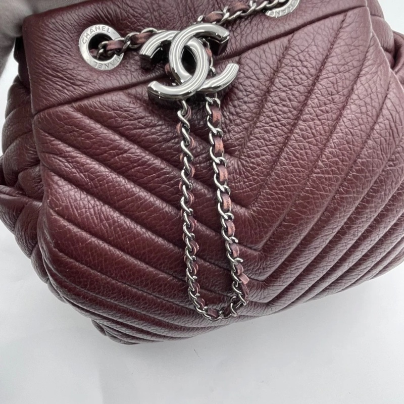 香奈兒 CC 水桶包 兩用單肩包 小牛皮 深紅色-17