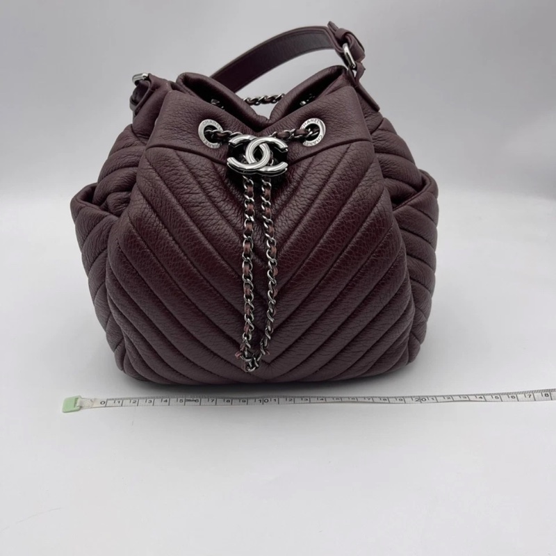 香奈兒 CC 水桶包 兩用單肩包 小牛皮 深紅色-18