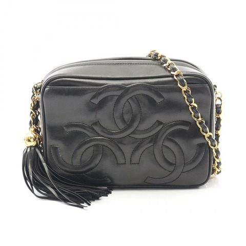 香奈兒三重 COCO 標誌鏈斜背包單肩包，流蘇羊皮，黑色，二手，金色五金