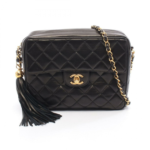 香奈兒 (CHANEL) Matelasse 鏈條斜挎包，流蘇羊皮，黑色，二手，金色五金