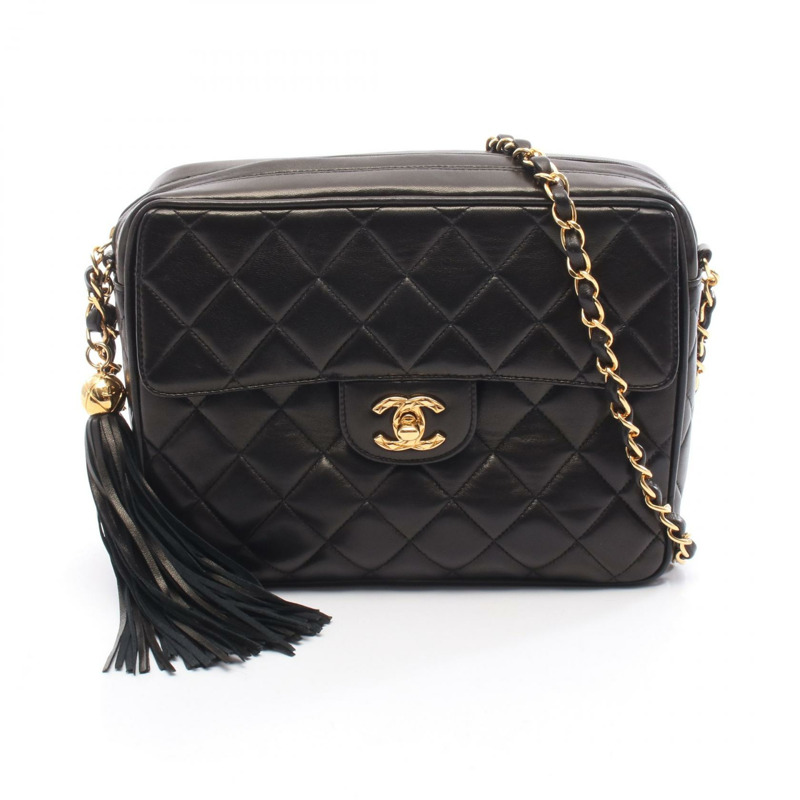 香奈兒 (CHANEL) Matelasse 鏈條斜挎包，流蘇羊皮，黑色，二手，金色五金-0