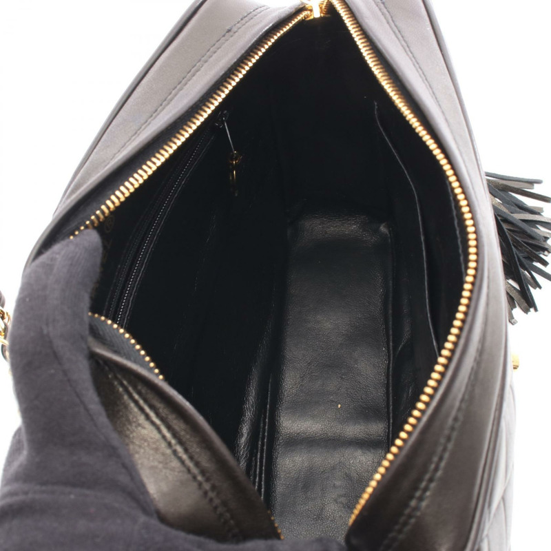 香奈兒 (CHANEL) Matelasse 鏈條斜挎包，流蘇羊皮，黑色，二手，金色五金-2