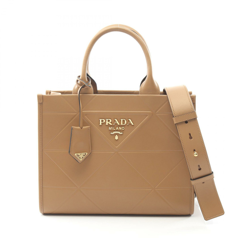 PRADA Symbol Topstitch 托特肩斜背包 1BA378 皮革 駝色 二手-0