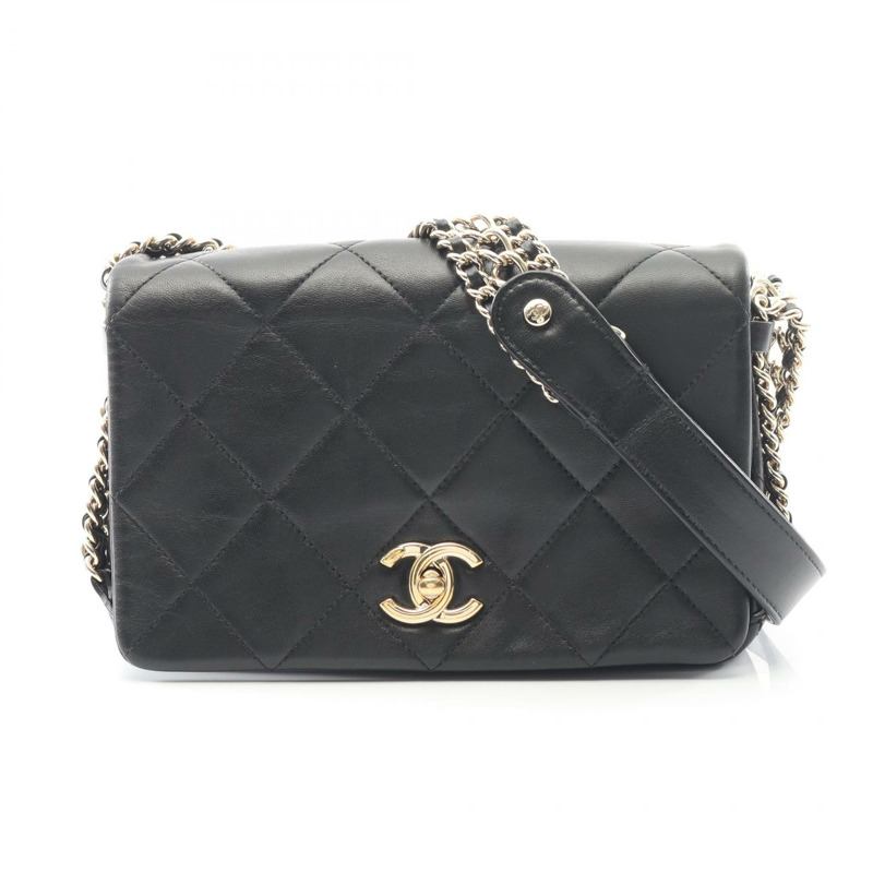 香奈兒 (CHANEL) 絎縫鏈條斜挎單肩包，羊皮材質，黑色，二手，女士款，金色五金-0