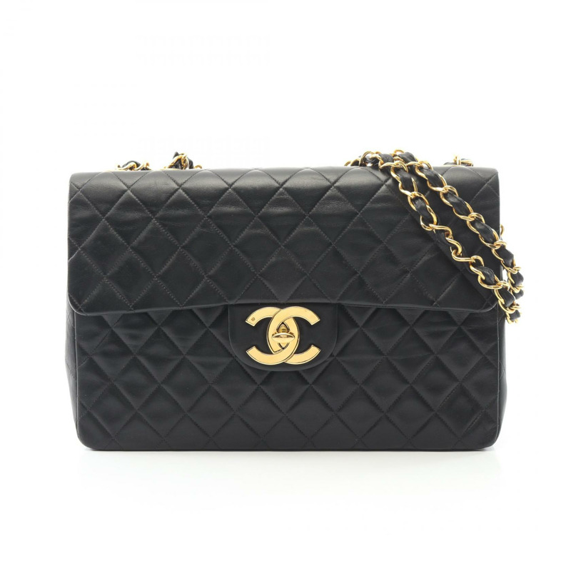 香奈兒 Jumbo Matelasse 34 單翻蓋鏈條肩背包，羊皮材質，黑色，二手，金色五金-0