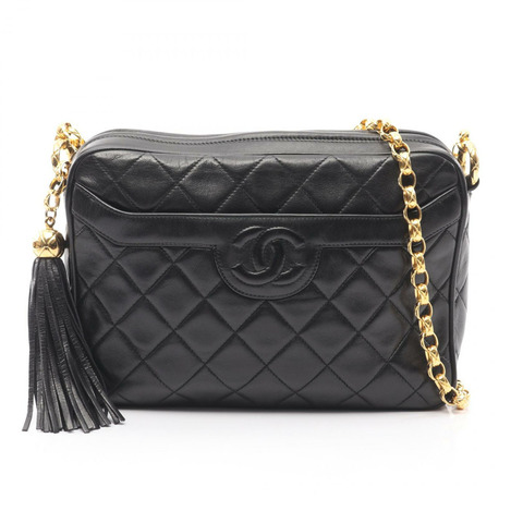 香奈兒 (CHANEL) Matelasse 鏈條斜挎包，流蘇羊皮，黑色，二手，金色五金