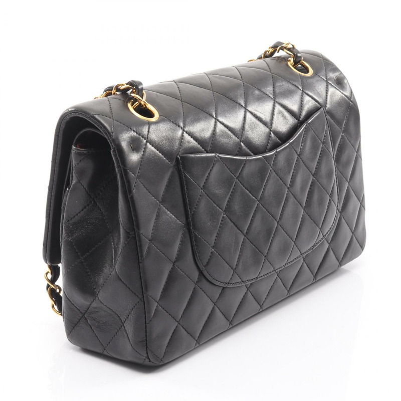 香奈兒 (CHANEL) Matelasse W 翻蓋鏈條單肩包，羊皮材質，黑色，二手，女士款，金色五金-1