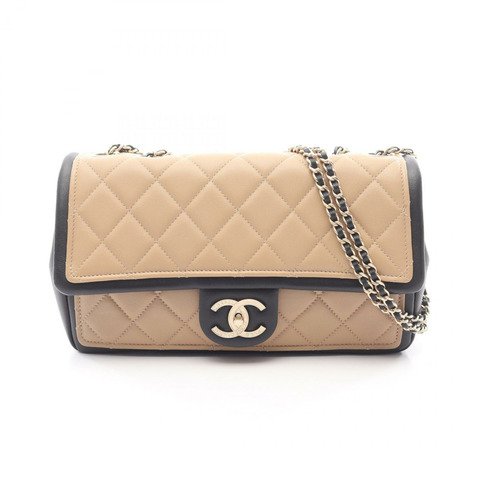 香奈兒 (CHANEL) 絎縫鏈條肩背包，米色/黑色皮革，二手，女士，金色五金