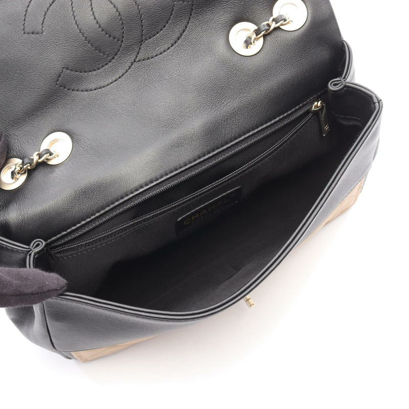 香奈兒 (CHANEL) 絎縫鏈條肩背包，米色/黑色皮革，二手，女士，金色五金-2