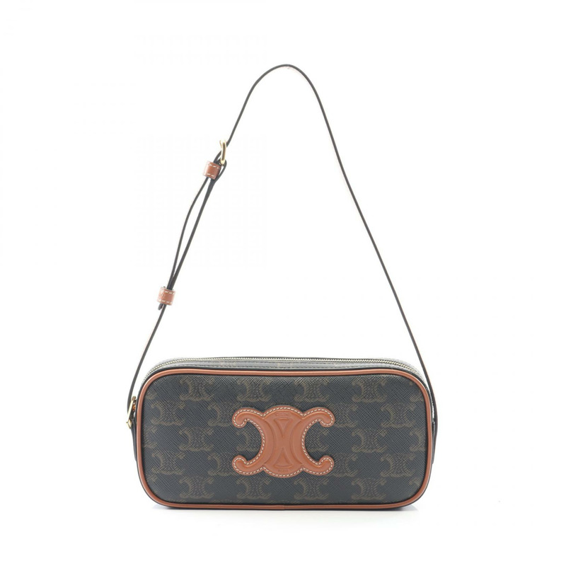 CELINE Cuir Triomphe 迷你相機單肩包，帆布皮革，黑色/棕色，二手-0