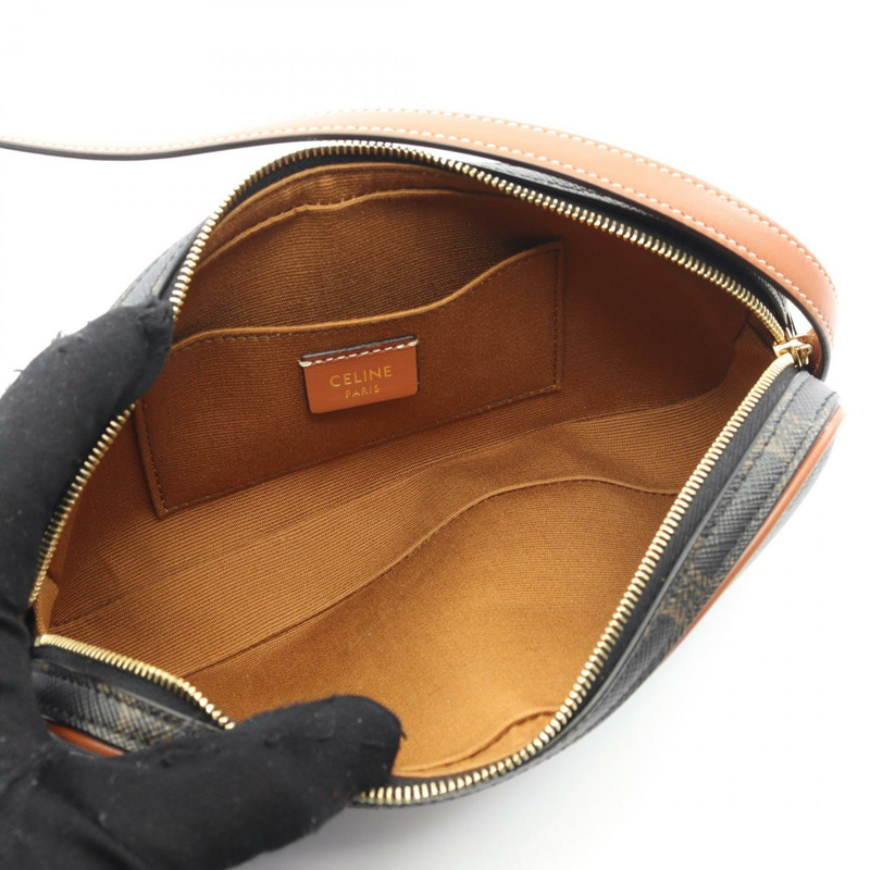 CELINE Cuir Triomphe 迷你相機單肩包，帆布皮革，黑色/棕色，二手-2