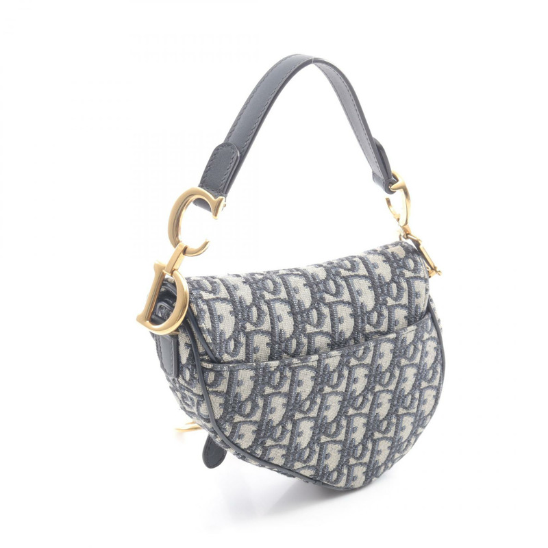 Christian Dior 迷你馬鞍包 Oblique 提花手提包 帆布皮革 海軍藍 二手-1