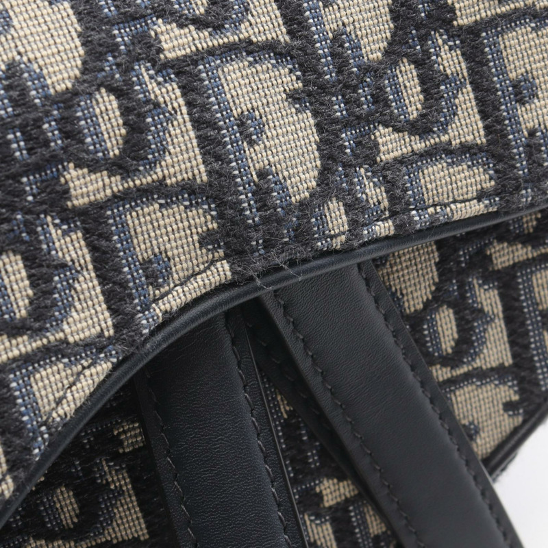 Christian Dior 迷你馬鞍包 Oblique 提花手提包 帆布皮革 海軍藍 二手-6