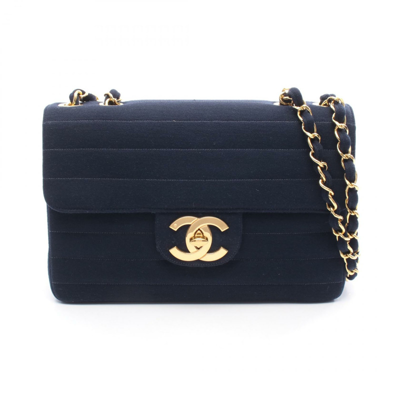 香奈兒 Jumbo COCO 標誌單翻蓋鏈條肩背包，棉質針織布料，海軍藍，金色五金-0