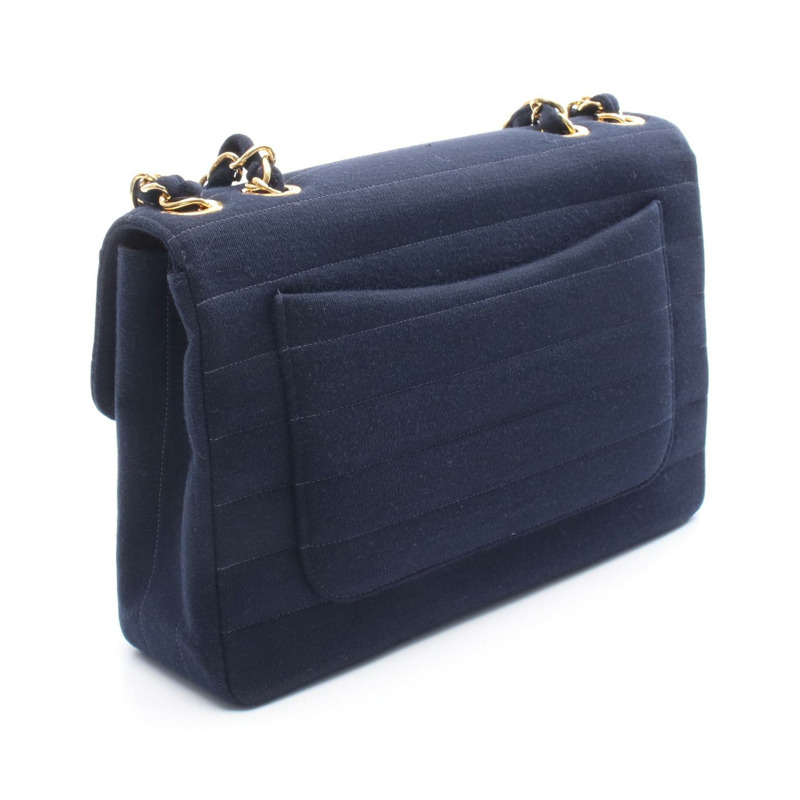 香奈兒 Jumbo COCO 標誌單翻蓋鏈條肩背包，棉質針織布料，海軍藍，金色五金-1