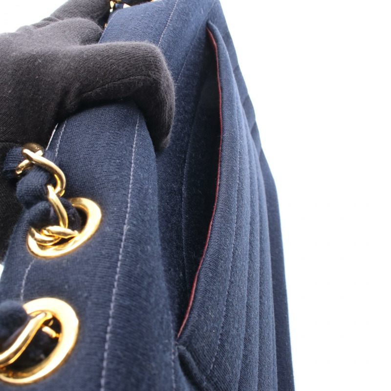 香奈兒 Jumbo COCO 標誌單翻蓋鏈條肩背包，棉質針織布料，海軍藍，金色五金-8