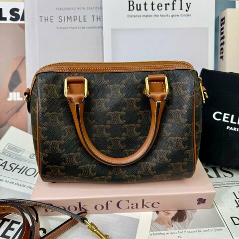 Celine 波士頓 黃褐色 老花 塗層帆布拼牛皮 小號