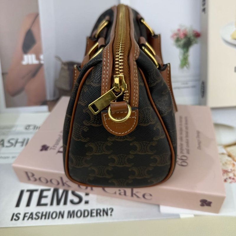 Celine 波士頓 黃褐色 老花 塗層帆布拼牛皮 小號-4