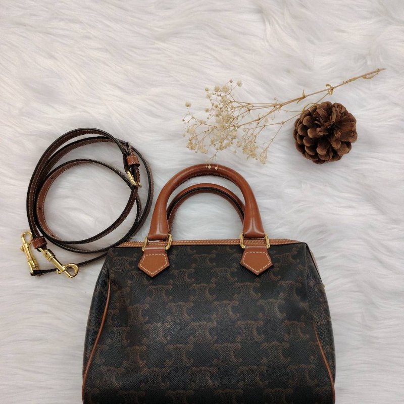 Celine 波士頓 黃褐色 老花 塗層帆布拼牛皮 小號-0