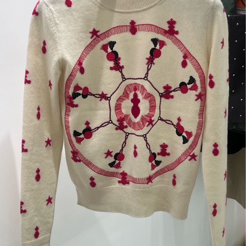 98新 愛馬仕 hermes 白紅刺繡logo圖案羊絨毛衣 36碼-0